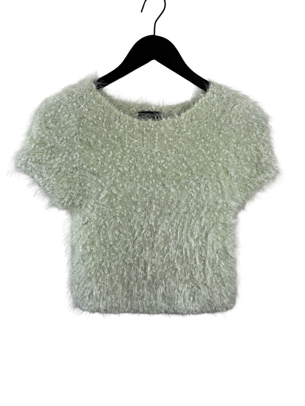 Topshop Pale Sage Fuzzy Short Sleeve Crop Top
